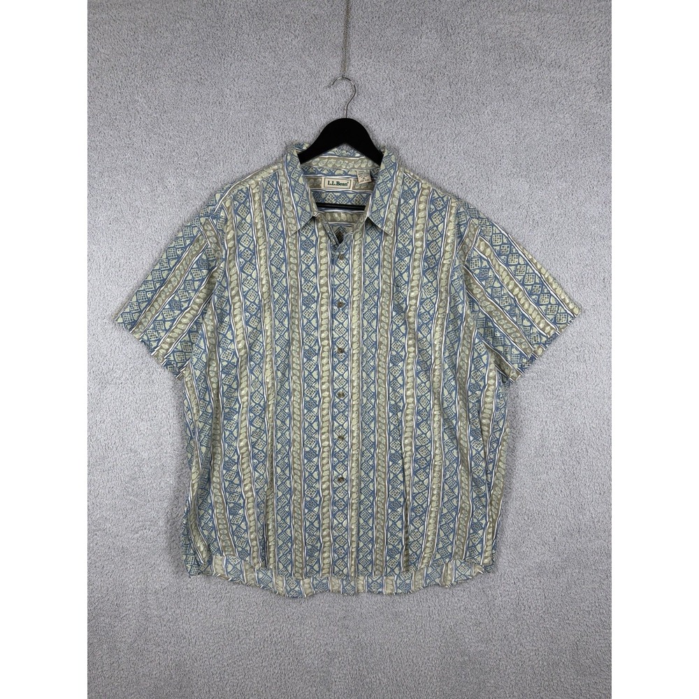 L.L. Bean Mens Size‎ XL Blue Beige Geometric Short Sleeve Casual Shirt Cotton